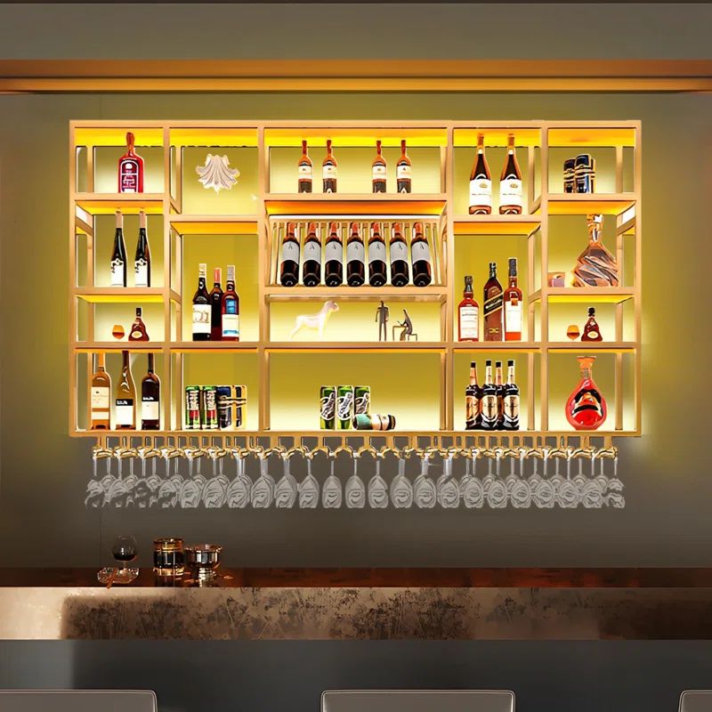 Modern Minimalist Champagne Gold Wall Mounted Metal Wine Cabinet